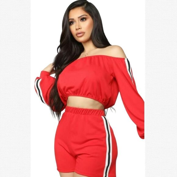 Fashion Nova Red Side Striped Crop Top High Waist 2 Piece Fleece Short Set 2X - Picture 3 of 14